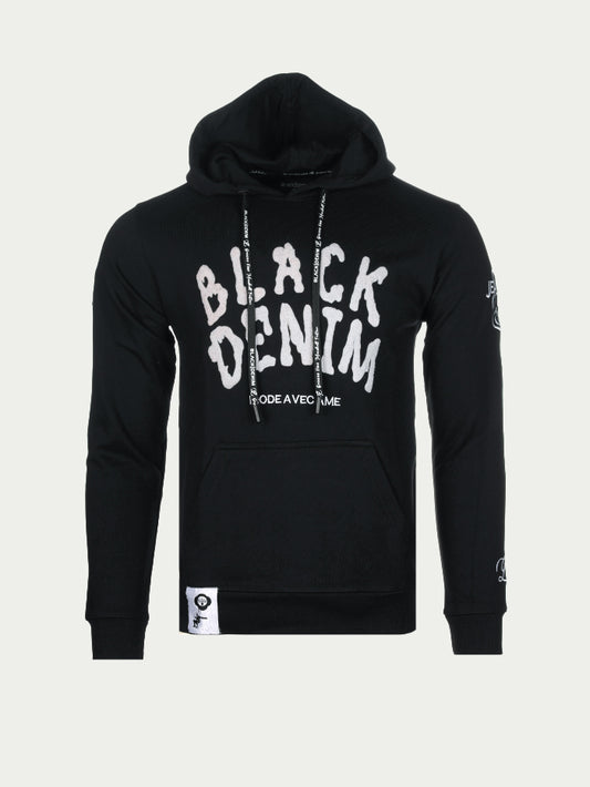 Classic Black Denim Logo Men's Black Chenille Hoodie