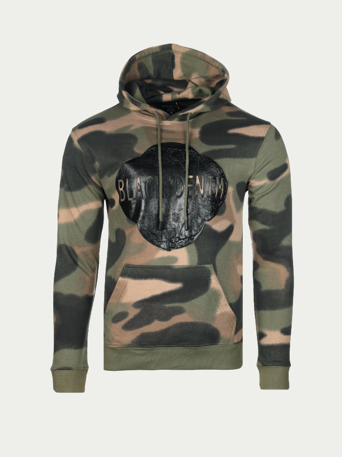 Black Denim Gloss Stamped Men's Pullover Camo Hoodie